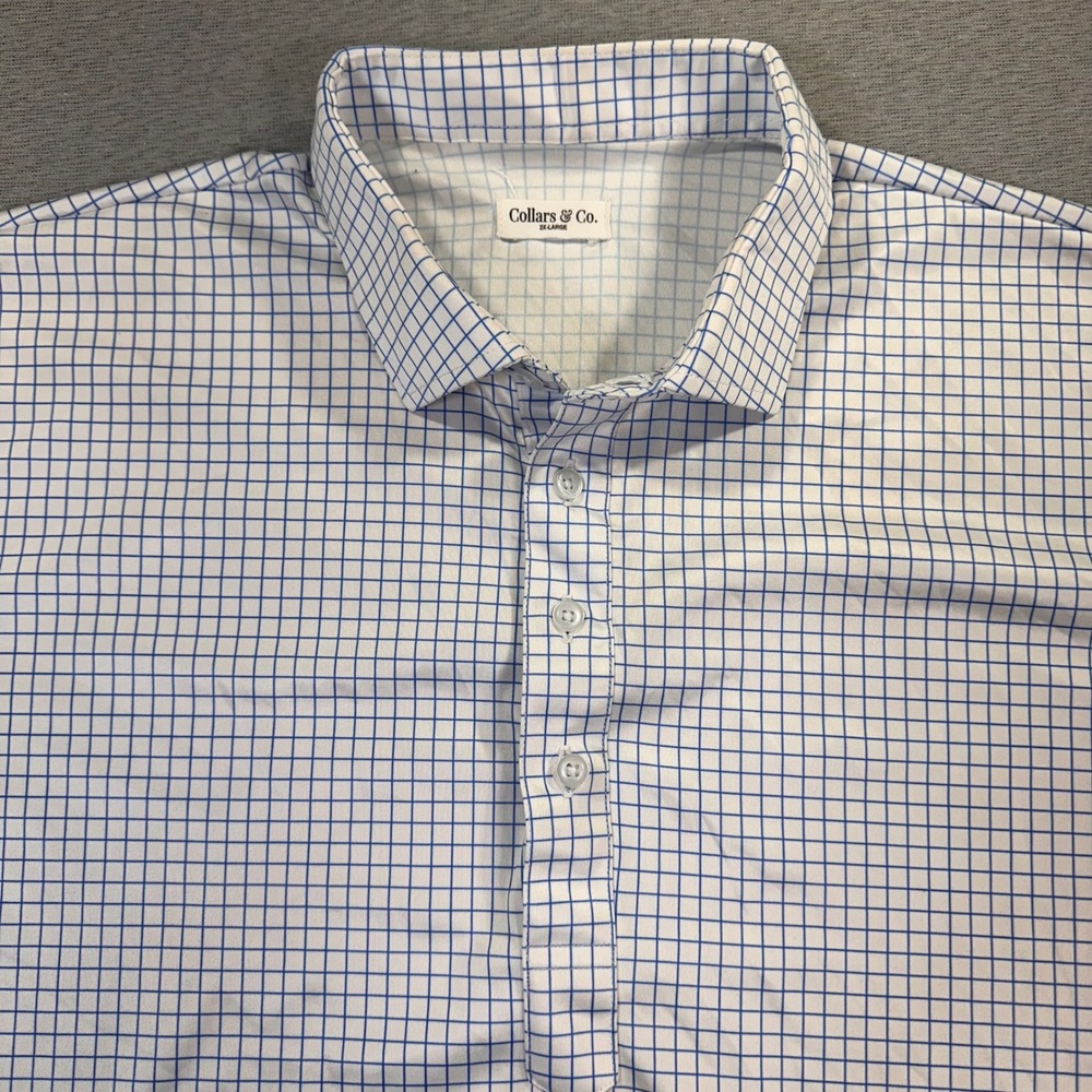 Collars & Co Dress Collar Polo Shirt Mens 2XL Blue White Grid AOP Short Sleeve